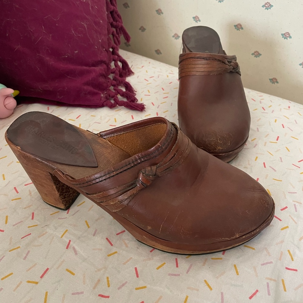 Vintage Charles David Brown Italian Leather Mules with Chunky Heel